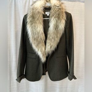 LOFT Olive Green Wool Blazer with Faux Fur Collar